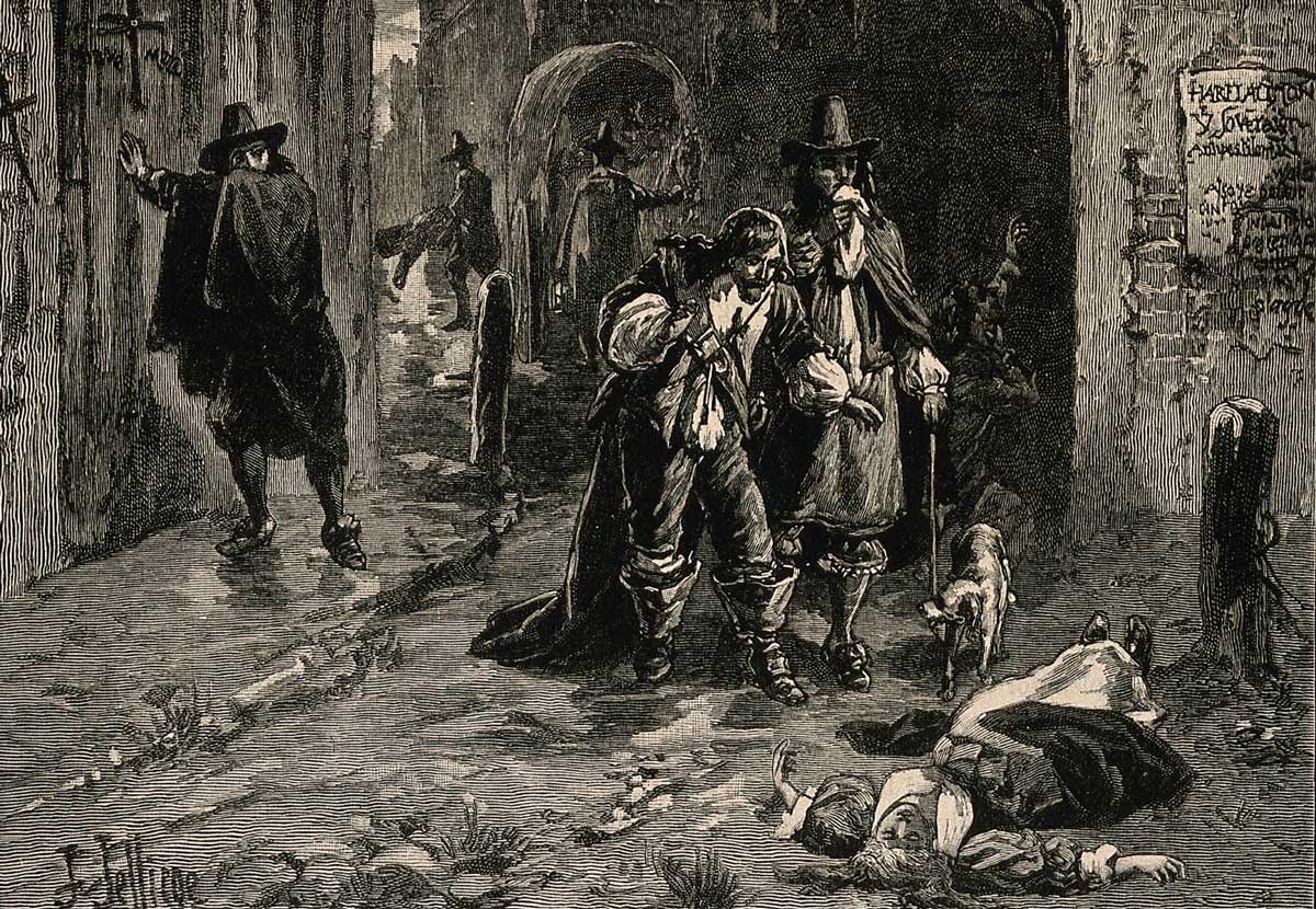 an image of medieval street, with plague victims